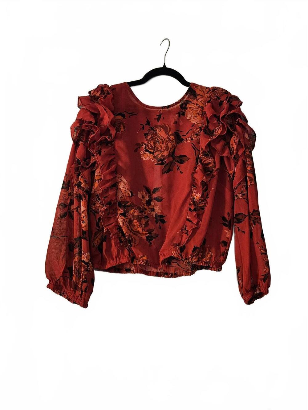 Truth NYC Sheer Women's Red Floral Ruffle Crop Top Long Sleeve Blouse Size 2X